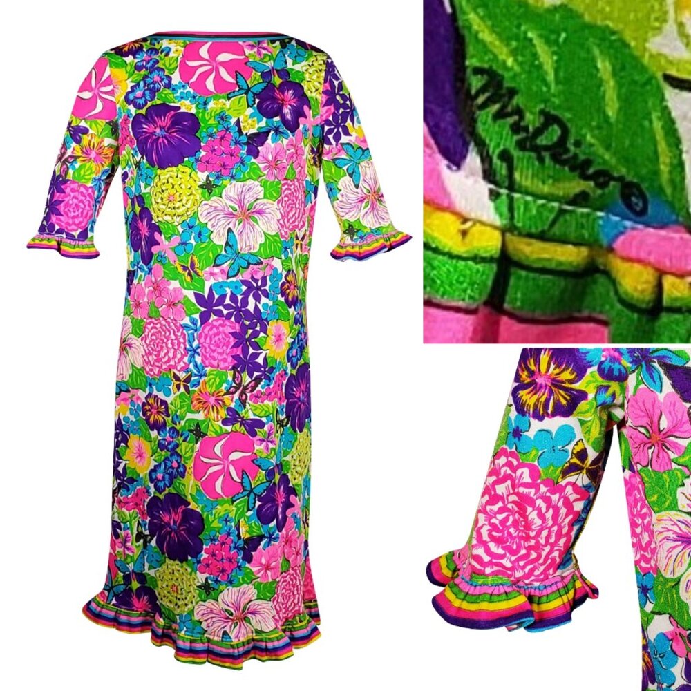 MR. DINO Vintage c.1970 Multicolor Floral Striped Print Dress Hawaiian resort